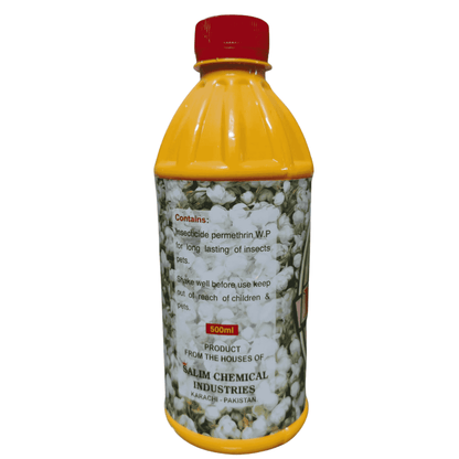 A 500ml plastic bottle of Salim Chemical Industries Insecticide Permethrin WP, featuring a yellow body, a red cap, and a label with green and white botanical illustrations.