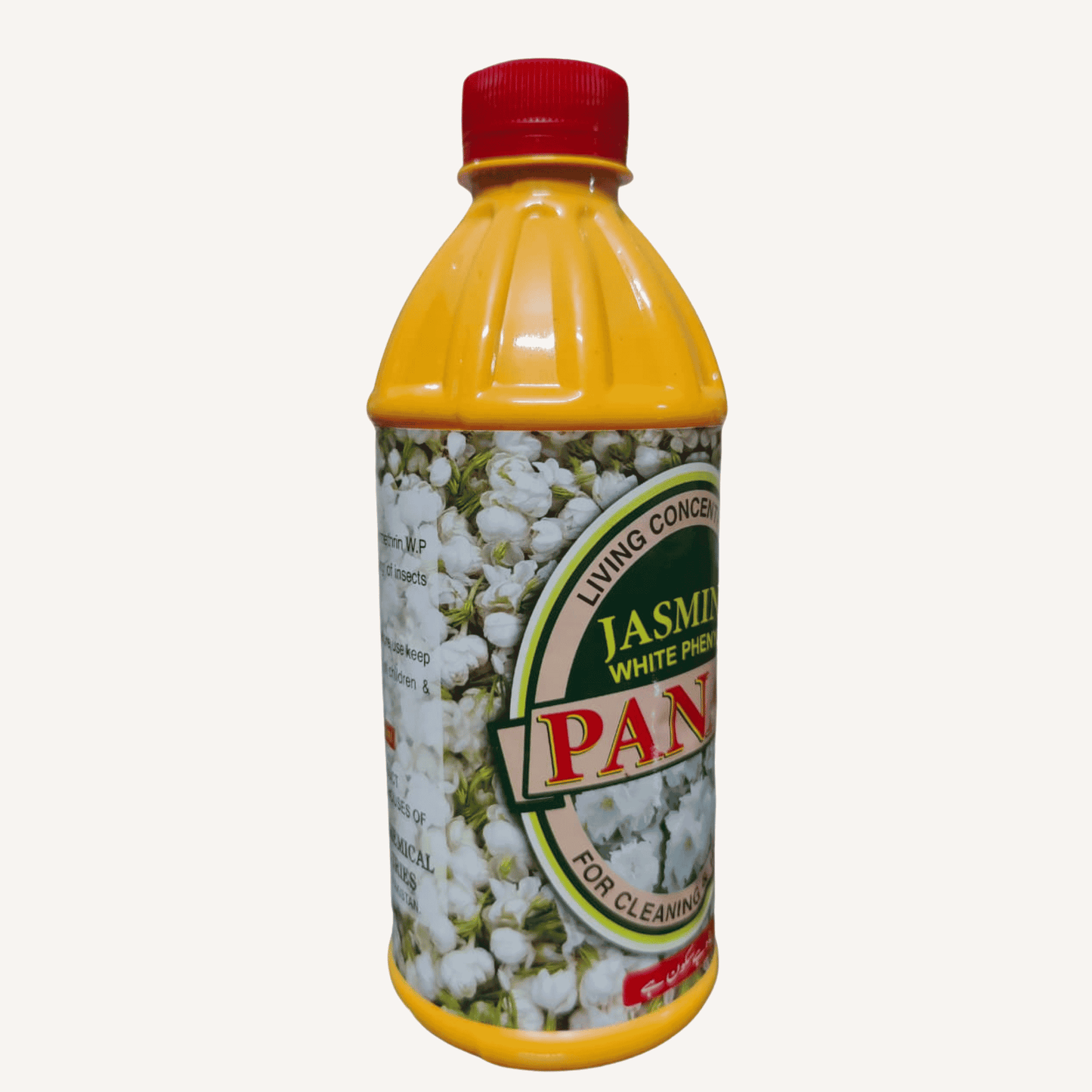 A bottle of PANAH Jasmine White Flower Living Concense cleaning liquid, featuring a yellow liquid inside a clear bottle with a red cap and a floral label.